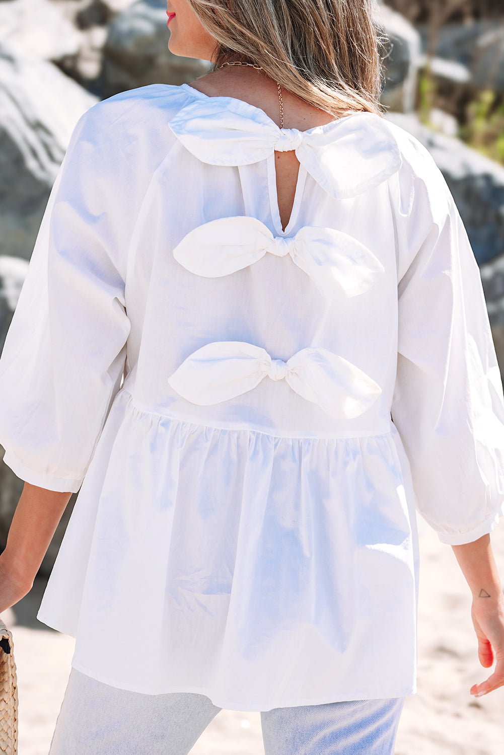 White Bow Knot Cutout Back Loose Fit 3/4 Sleeve Blouse - Love Salve